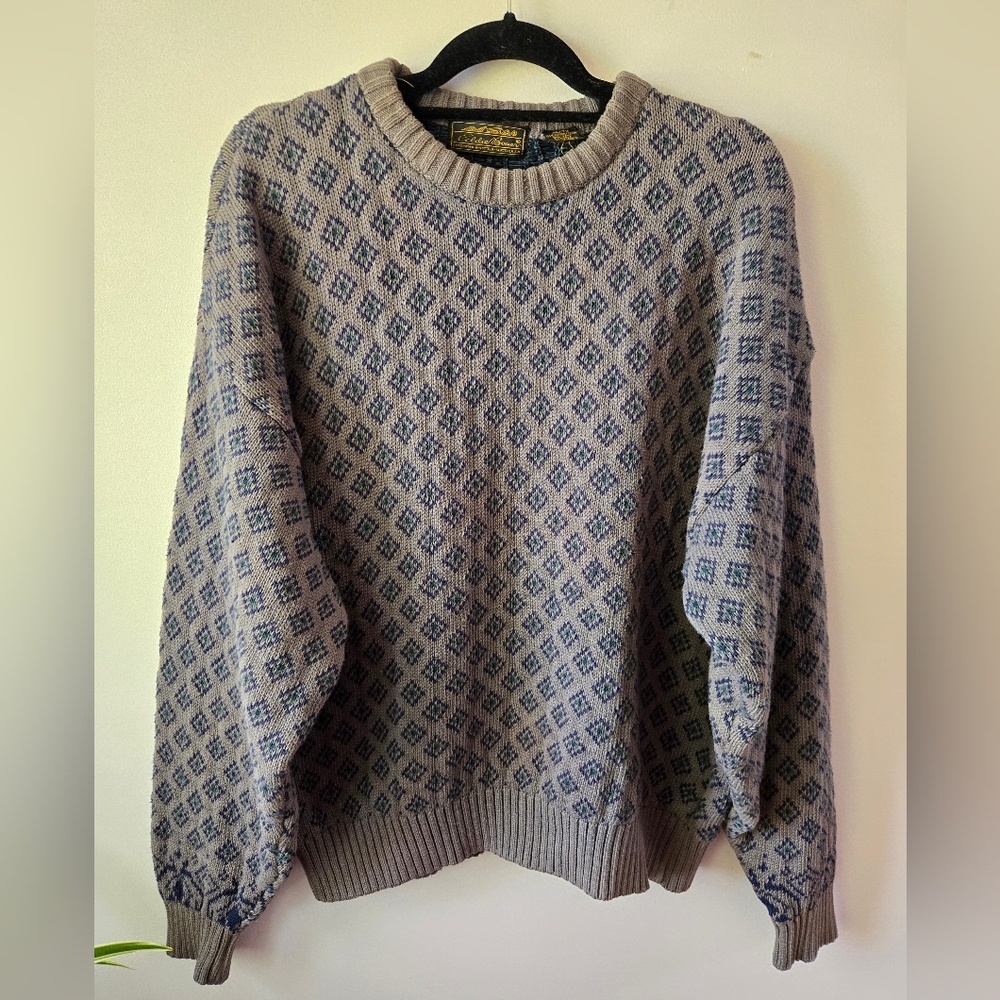 VTG Eddie Bauer 90s Geometric Diamond Knit Sweater XL 100% Cotton Grey Blue